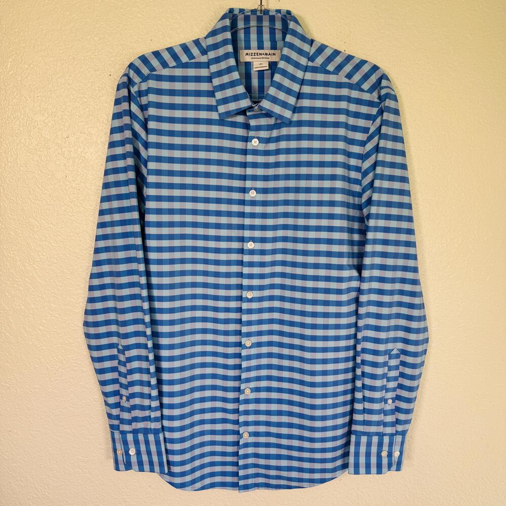 Mizzen + Main Shirt Mens Medium Trim Fit Performance Checkered Button Up Blue
